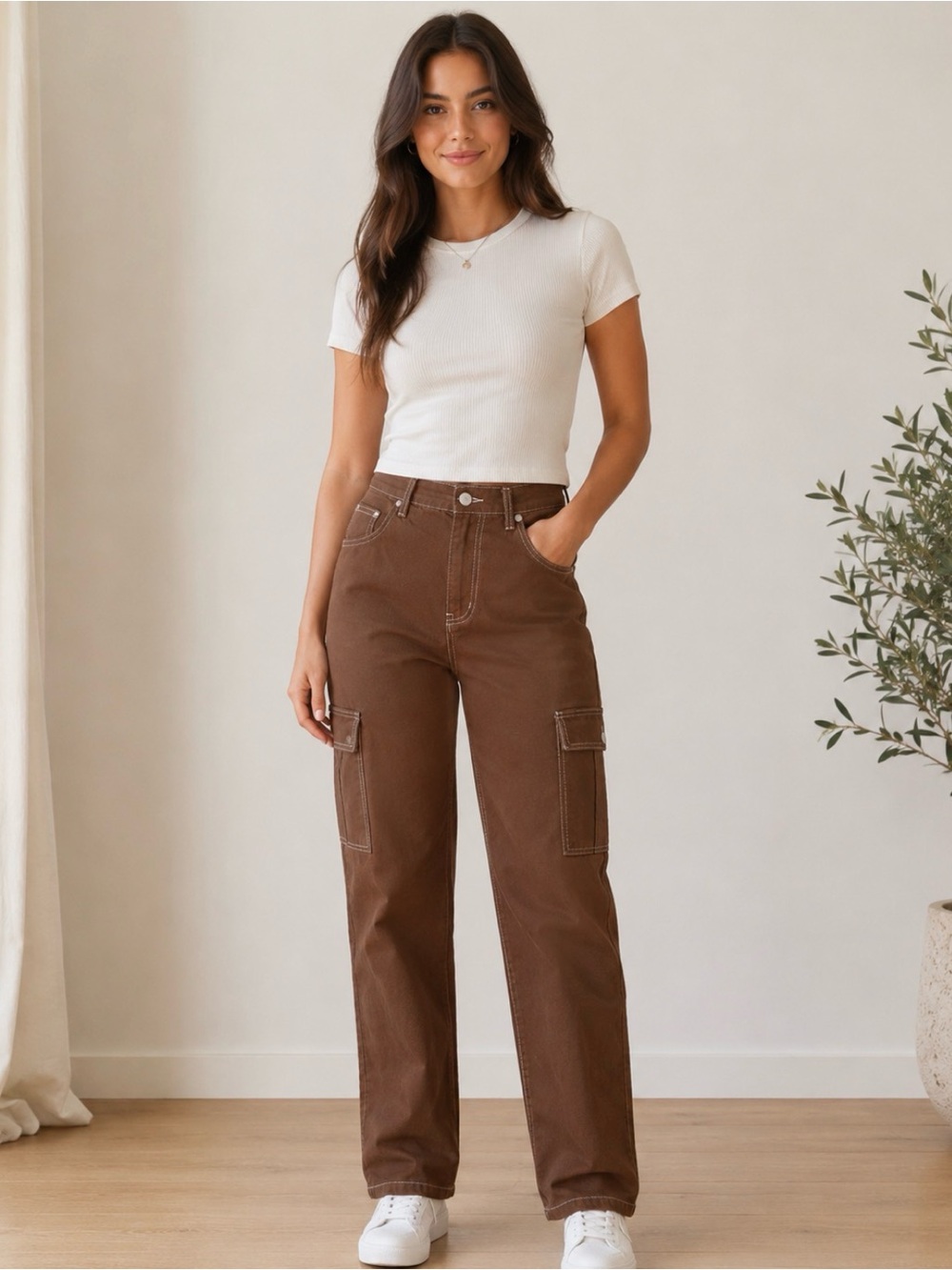 S.O.N.G. Brown Cargo Jeans Contrast Stitch Y2K Utility Pants